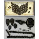 VICTORIAN HORN WATCH CHAIN - 28cms L, a jet cameo brooch and hand brooch, various pendants and a cut