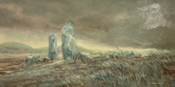 R SCARFF dated '75 oil on board - 'Bryn Celli Ddu, Anglesey', 30 x 57cms and PHILLIP LEE mixed media