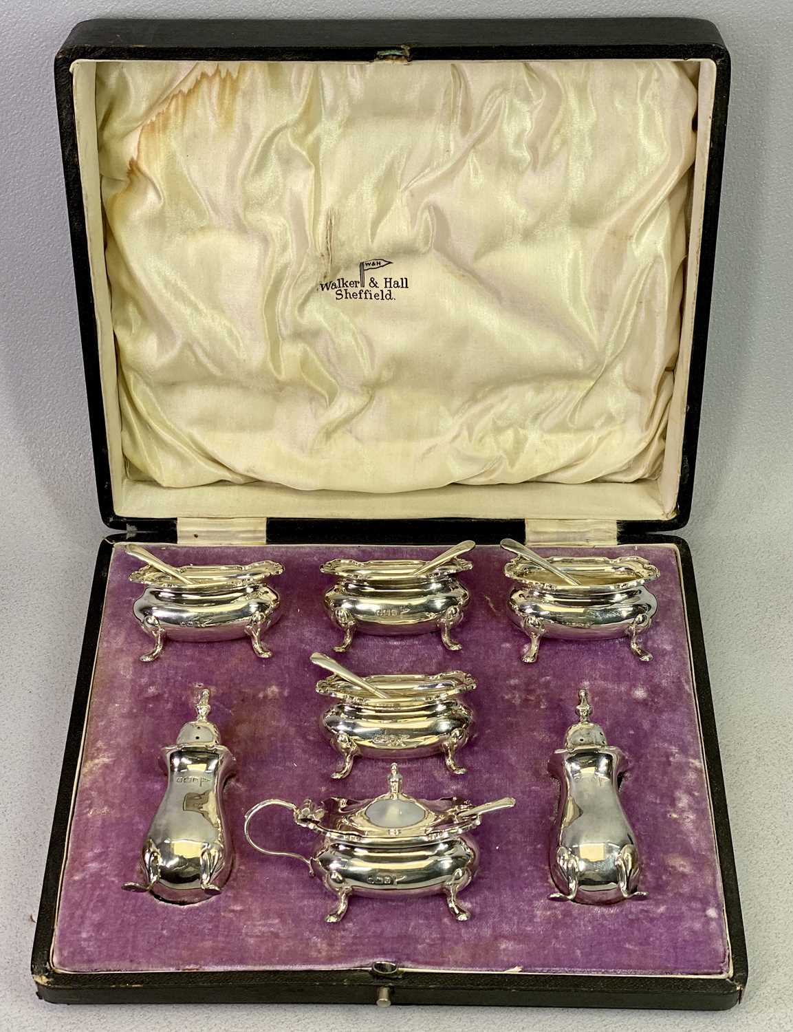 CASED 12 PIECE SILVER CONDIMENT SET - Sheffield 1913, Maker Walker & Hall, comprising four silver