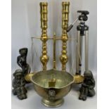 TALL BRASS CANDLESTICKS, A PAIR - 74cms H, brass pan scales, 52cms H, plated punch bowl with lion