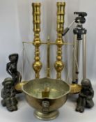 TALL BRASS CANDLESTICKS, A PAIR - 74cms H, brass pan scales, 52cms H, plated punch bowl with lion