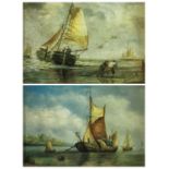 COLOUR PRINTS, A PAIR - sailing boats ashore, in ornate gilt frames, 11.5 x 16.5cms