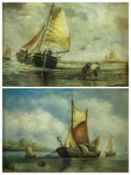 COLOUR PRINTS, A PAIR - sailing boats ashore, in ornate gilt frames, 11.5 x 16.5cms