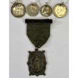 SILVER COIN NECKLACES (4) and a circa 1910 commemorative badge, to include a Hong Kong 5 cents,