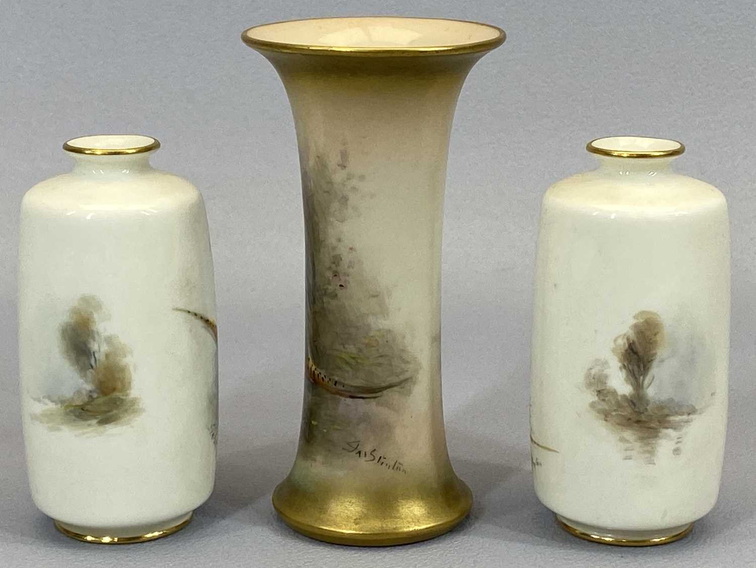 ROYAL WORCESTER IVORY SPILL VASE - painted with pheasants and signed 'James Stinton', green mark - Image 2 of 2