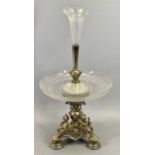 VICTORIAN SILVER PLATED & ETCHED GLASS TABLE CENTREPIECE - having a tri-form base mounted with