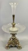 VICTORIAN SILVER PLATED & ETCHED GLASS TABLE CENTREPIECE - having a tri-form base mounted with