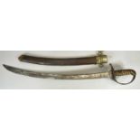 19TH CENTURY SABRE - with 75cms fullered blade, ribbed wooden handle with leather and metal sheath