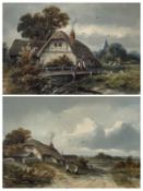 F WATSON 19th century watercolour - figures standing on bridge over river by thatched cottage,