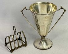SMALL SILVER TOAST RACK and a two handled trophy type cup, Birmingham 1934, indistinct maker's mark,