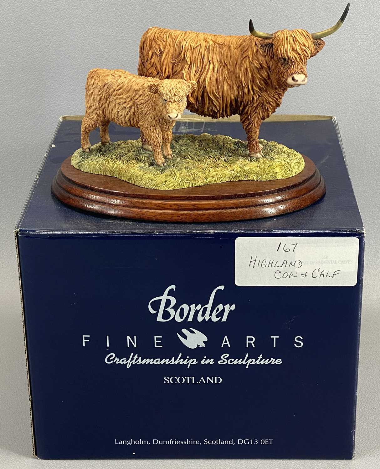 BORDER FINE ARTS FIGURE - Highland Cow and Calf, No 167, on wooden stand, 14cms H, boxed - Image 2 of 2