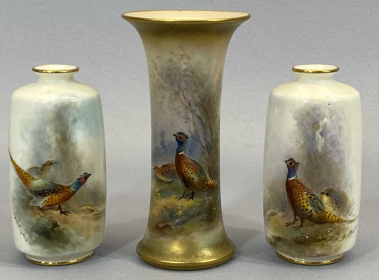 ROYAL WORCESTER IVORY SPILL VASE - painted with pheasants and signed 'James Stinton', green mark