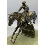 ART DECO STYLE SILVER PLATED SCULPTURE OF A RACE HORSE & JOCKEY JUMPING A FENCE - on green alabaster