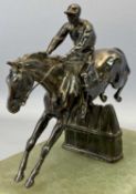 ART DECO STYLE SILVER PLATED SCULPTURE OF A RACE HORSE & JOCKEY JUMPING A FENCE - on green alabaster