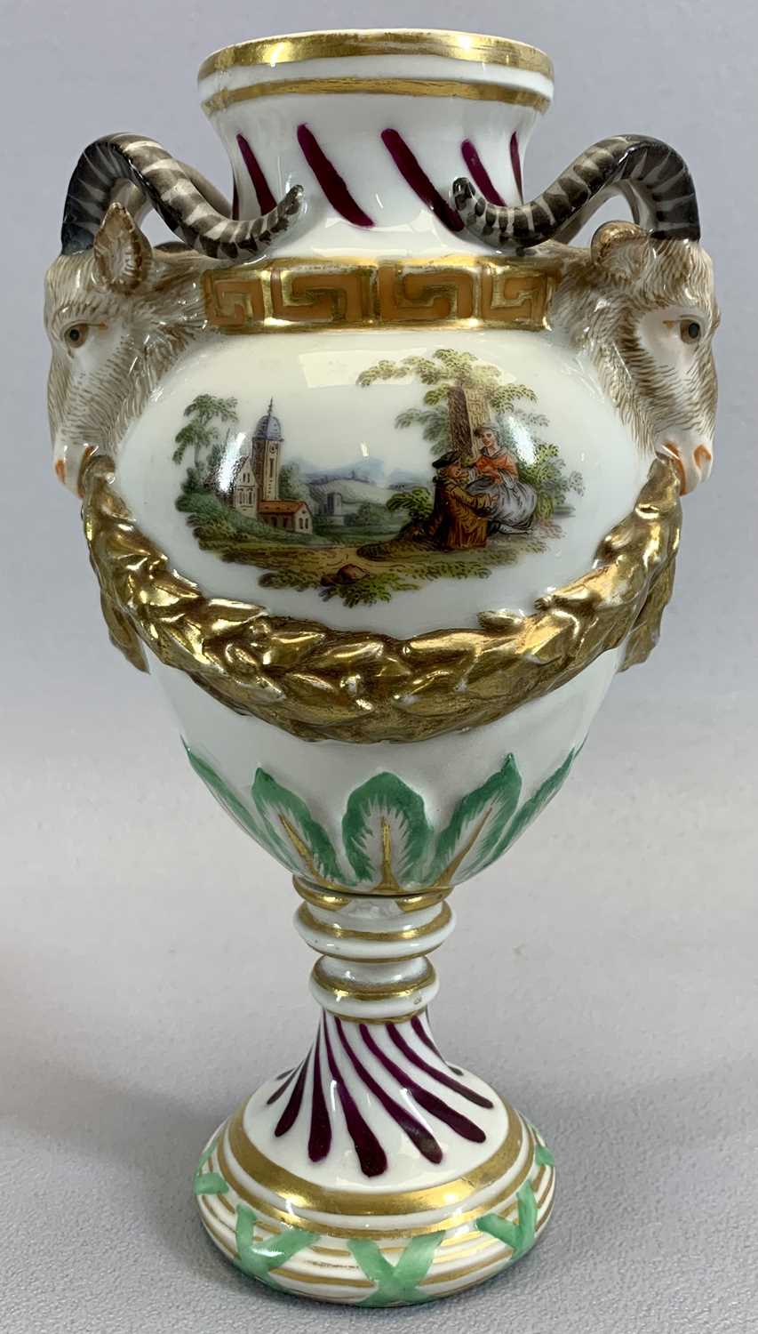 AUGUSTUS REX 19TH CENTURY PEDESTAL VASE - with gilded swags and goat head handles with figures in - Image 3 of 3