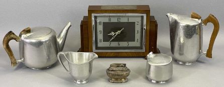 PIQUOT WARE ALUMINIUM 4 PIECE TEA SERVICE and an Ingersoll walnut cased mantel clock with