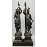 LATE 19TH CENTURY SPELTER FIGURES, A PAIR - native South American Indians holding spears on square