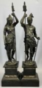 LATE 19TH CENTURY SPELTER FIGURES, A PAIR - native South American Indians holding spears on square