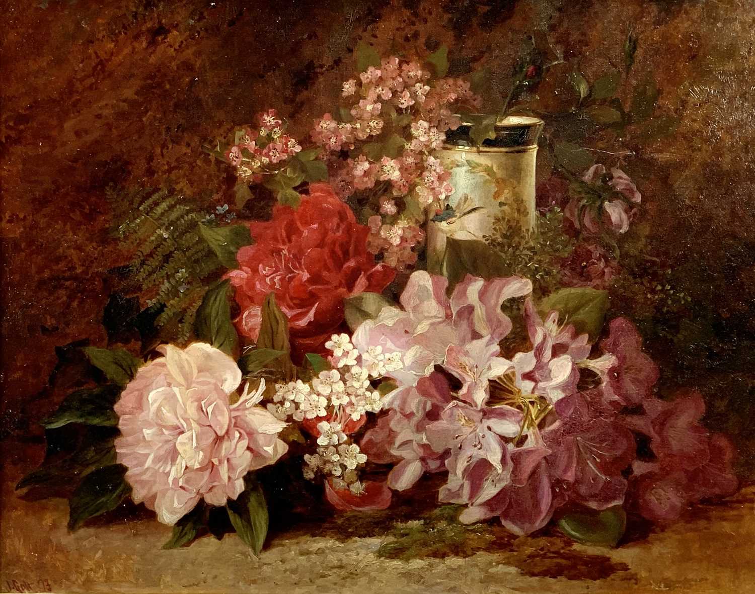 J GALT oil on board - Still life of flowers and vase, signed and dated lower left, 38 x 48cms