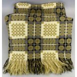 TRADITIONAL WELSH WOOLLEN BLANKET - with tassel ends, cream and green in colour, 224 x 180cms