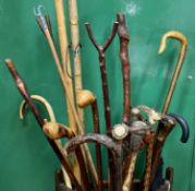 WALKING STICKS, CANES, ETC, horn handled Malacca walking stick with silver collar, 81cms H, ebonised