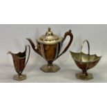 ELKINGTON & CO 3 PIECE SILVER PLATED TEASET - plain segmented form, pedestal teapot with cone lid