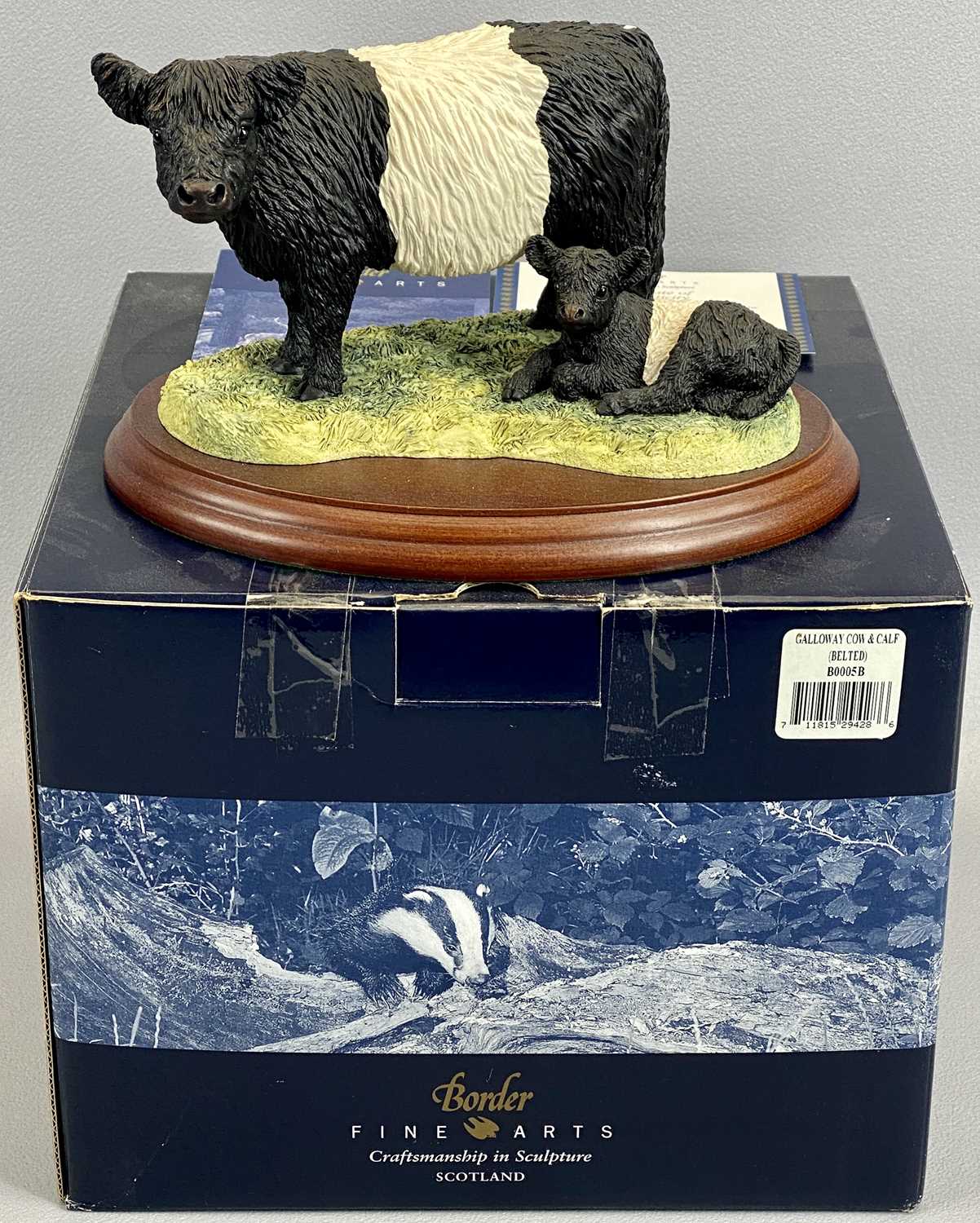 BORDER FINE ARTS FIGURE - Galloway cow and calf (belted), B0005B, on wooden stand, 13cms H, with - Image 2 of 2