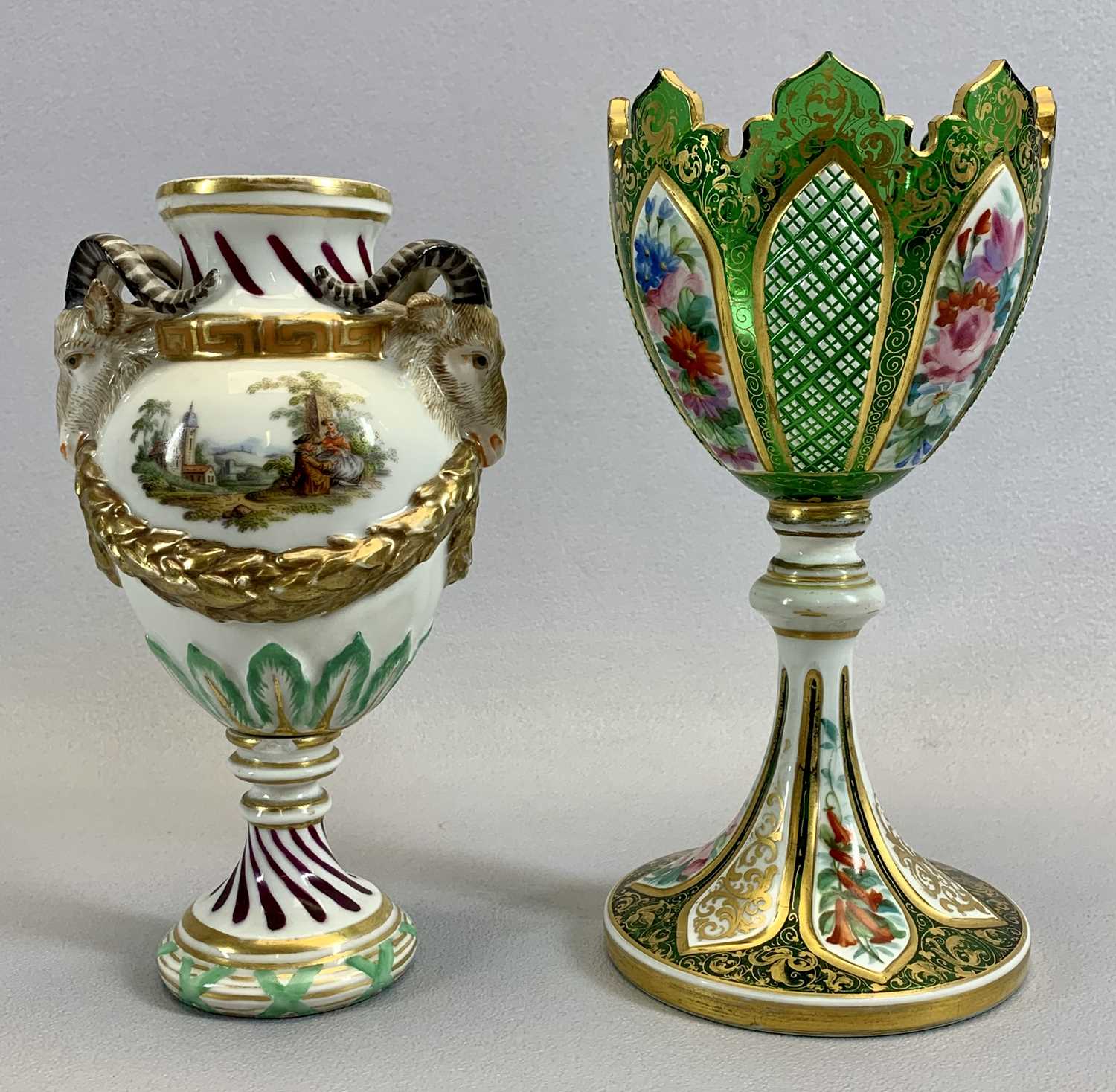 AUGUSTUS REX 19TH CENTURY PEDESTAL VASE - with gilded swags and goat head handles with figures in