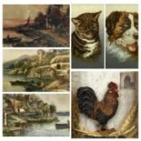 OILS ON BOARD, A PAIR - St Bernard dog and Tabby cat, unsigned, 29.5 x 24.5cms, 19th century