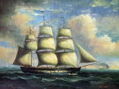 FONDEN reproduction painting on board - three masted ship, signed lower right, in ornate gilt frame,