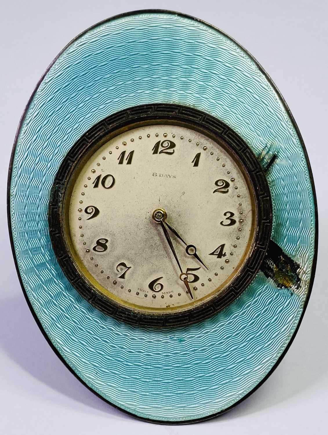 SILVER & LIGHT GREEN ENAMEL CIRCULAR DIAL EASEL BEDROOM CLOCK - Birmingham 1930 (enamel distressed), - Image 2 of 5