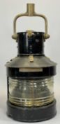 VINTAGE BLACK PAINTED METAL MAST HEAD PATTERN 25A SHIP'S LAMP - with brass fittings and burner,