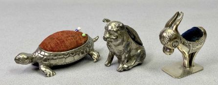 SILVER & WHITE METAL VINTAGE ANIMAL PIN CUSHIONS (3) - to include a comical continental donkey