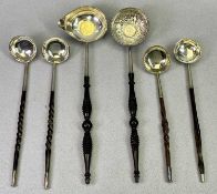 UNMARKED WHITE METAL TODDY LADLES (6) - to include 2 x inset coin bowl examples with turned wooden