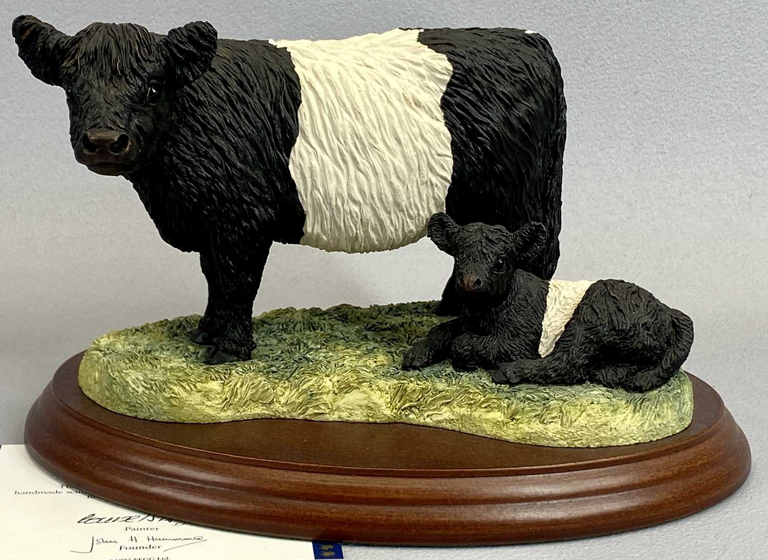 BORDER FINE ARTS FIGURE - Galloway cow and calf (belted), B0005B, on wooden stand, 13cms H, with