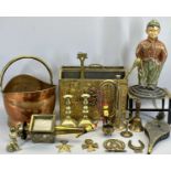 VICTORIAN BRASS CANDLESTICKS, A PAIR, 17cms H, Victorian brass and steel trivets, 15cms H, 23cms