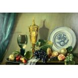 CYNTHIA MONTEFIORE 20th Century oil on canvas - Still life of fruit, drinking vessels and Chinese