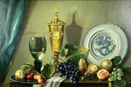 CYNTHIA MONTEFIORE 20th Century oil on canvas - Still life of fruit, drinking vessels and Chinese