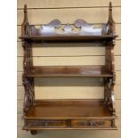 CHIPPENDALE STYLE HARDWOOD WATERFALL OPEN WALL SHELVES - fretwork sides with three shelves over