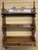 CHIPPENDALE STYLE HARDWOOD WATERFALL OPEN WALL SHELVES - fretwork sides with three shelves over