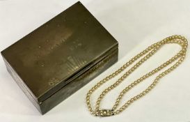 SILVER CIGARETTE BOX and a two strand simulated pearl necklace, London 1932, Maker Padgett &