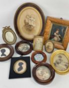 PARCEL OF FRAMED ITEMS, to include late 19th century oil on board of a young female clutching a dog,
