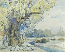 ‡ 20TH CENTURY SCHOOL watercolour - harbour with large tree and figure to the fore, signed with