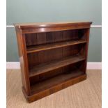 VICTORIAN WALNUT BOOKCASE, rounded rectangular top and caddy moulded uprights to plinth base, fitted