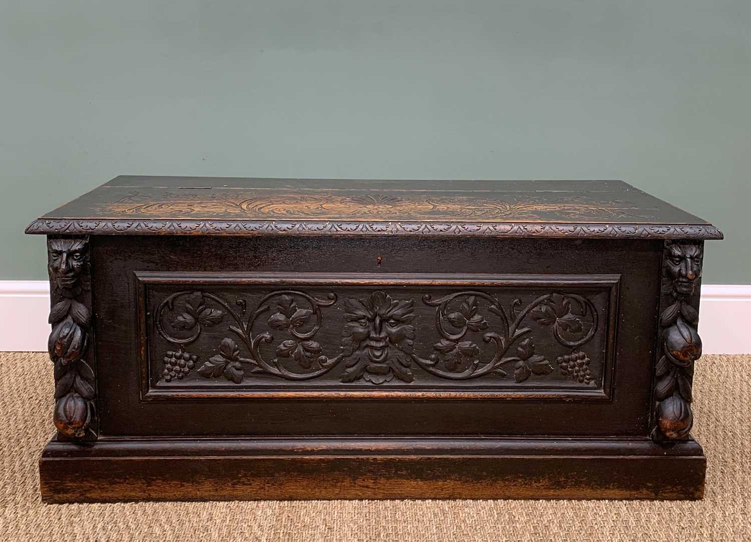 STAINED OAK BOX SETTLE, carved in the Renaissance revival style with Griffin and mask panelled back, - Image 7 of 13