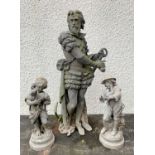 METAL GARDEN ORNAMENTS: comprising standing figure of Elizabethan courtier with anchor, probably