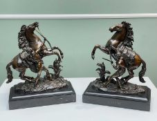 PAIR 19TH CENTURY BRONZE MARLY HORSES, after Guillaume Coustou, on gilt engraved black slate