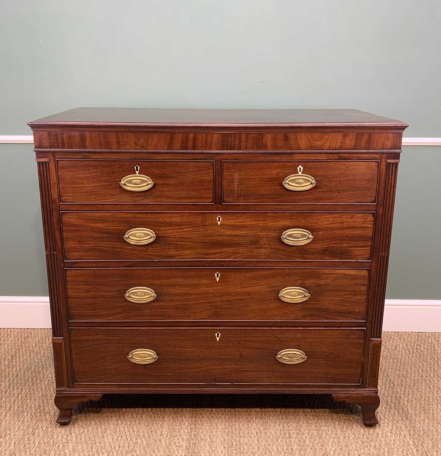 19TH CENTURY MAHOGANY FLAT FRONT CHEST, shallow frieze and fitted 2 short and 3 long drawers between - Image 2 of 12