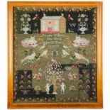 VICTORIAN WOOLWORK SAMPLER, probably Welsh, by Rosina Williams, aged 21, 1871, depicting house