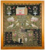 VICTORIAN WOOLWORK SAMPLER, probably Welsh, by Rosina Williams, aged 21, 1871, depicting house